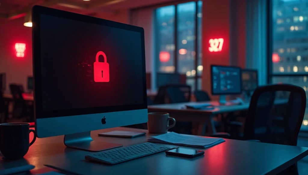 A dimly lit office with several computers on desks; the main computer screen displays a red padlock icon, suggesting a ransomware attack. The time “3:27” glows in red on the wall. | BeMyNet.com