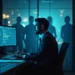 A man in a suit works intently at a computer with code on the screen in a dimly lit office, while several people stand in the background silhouetted by blue-toned lighting. | BeMyNet.com