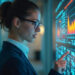 A woman in business attire and glasses analyzes data on a large digital screen displaying colorful graphs and statistics related to Cybersecurity Risk Assessments in a modern office setting. | BeMyNet.com