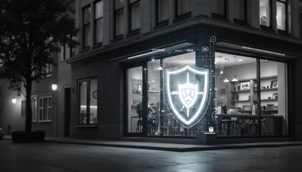 A large digital shield with security icons is projected in front of a modern building with glass windows, symbolizing cybersecurity risk assessments and robust protection for the business inside. The street scene is mostly in grayscale. | BeMyNet.com