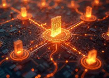 Glowing orange circuit towers connected by radiant lines, symbolizing digital networks or blockchain technology, stand tall behind a vigilant firewall on a dark microchip-like surface. | BeMyNet.com