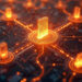 Glowing orange circuit towers connected by radiant lines, symbolizing digital networks or blockchain technology, stand tall behind a vigilant firewall on a dark microchip-like surface. | BeMyNet.com